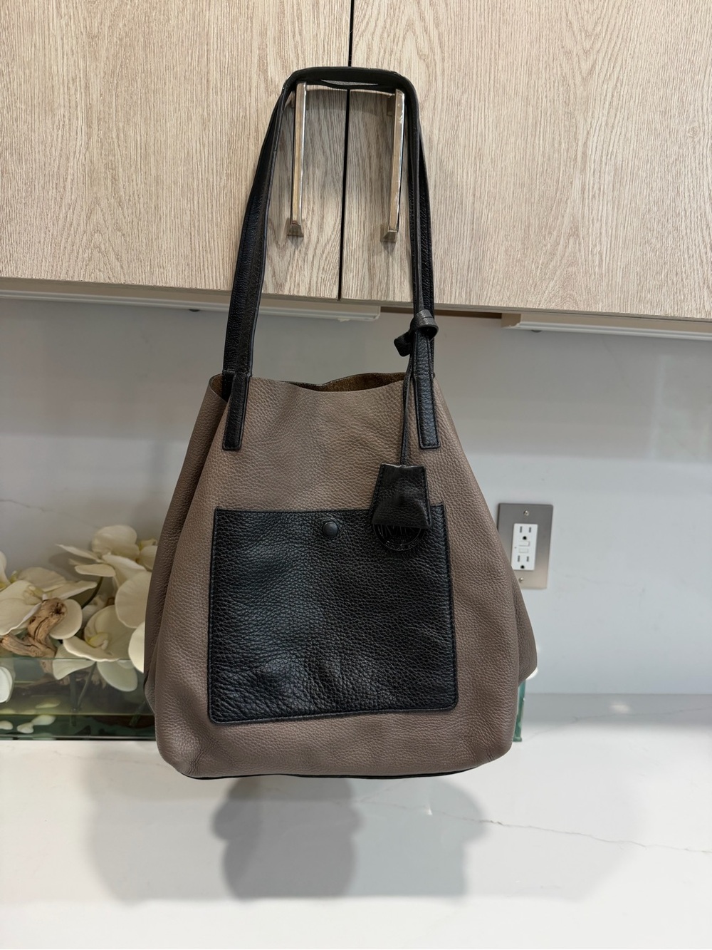Michael Kors Brown/Taupe Pebbled Zip Tote Black Double Handles MK Charm